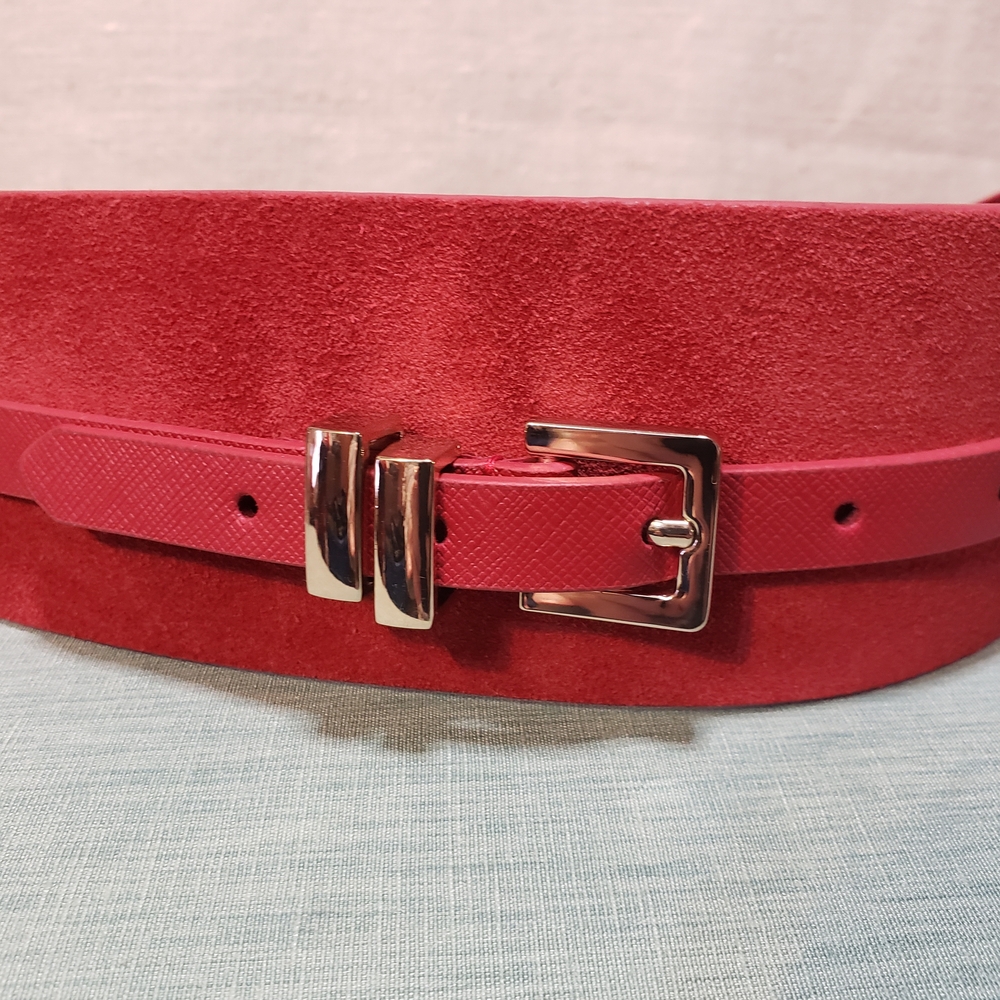 Red Suede Belt with Silver Buckle